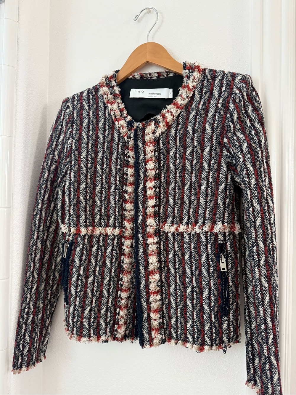 IRO Striped Tweed Blazer in Navy, Red & Cream